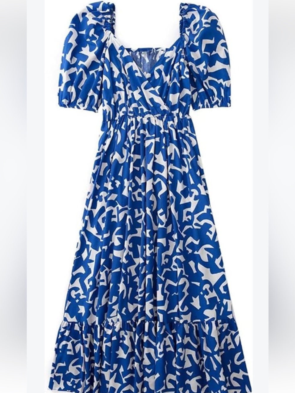Blue and White Abstract Print Puff Sleeve Midi Dress